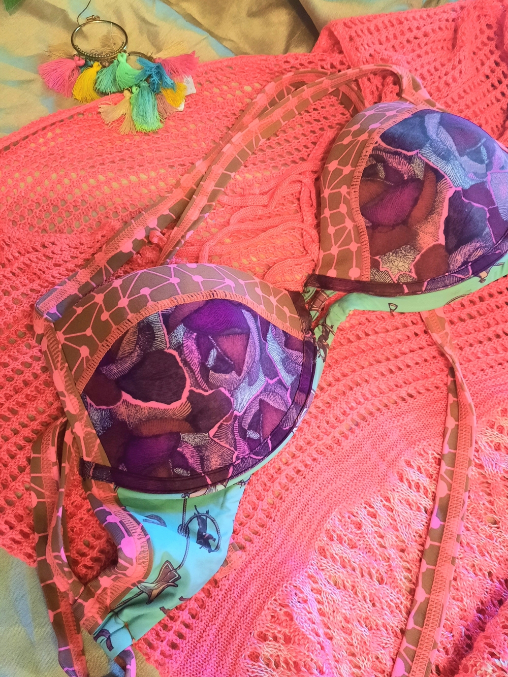 Maaji Purple & Pink Floral Bikini Bra Top with Equestrian Theme Mint Accents